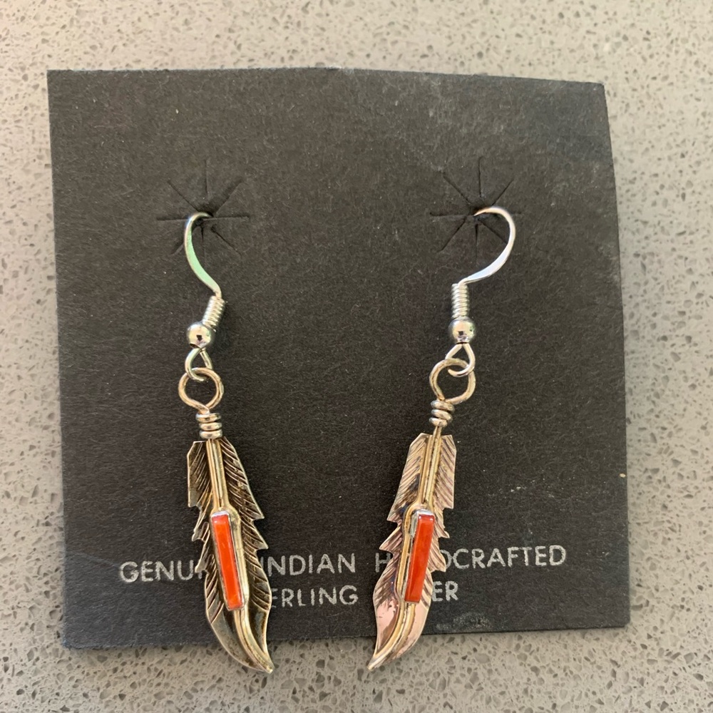 Native American Sterling Silver and Coral Earrings